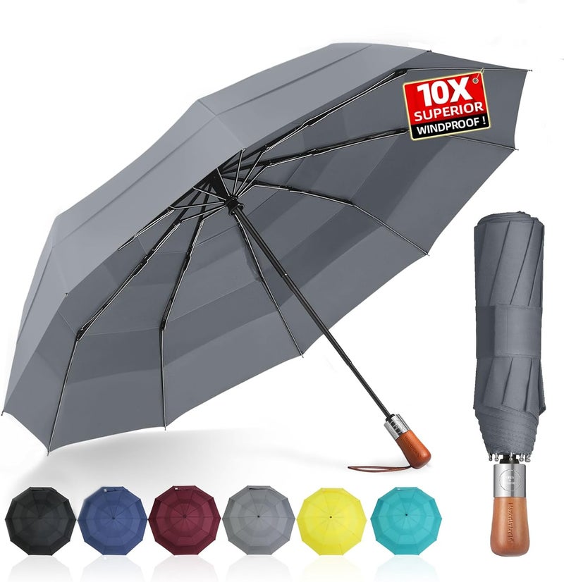 MasterUmbrella 3-Layer Vented Canopy Windproof Commuter Umbrella for Rain, Auto Open/Close, 10 Fiberglass Ribs, Wooden Handle, 13" Folded, 47" Large Coverage for 1–2 People, Lifetime Replacement - Image 1